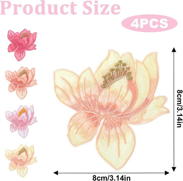 4 st Lotus Broderiapplikationer, Vackert Sydda Blomsterlappar