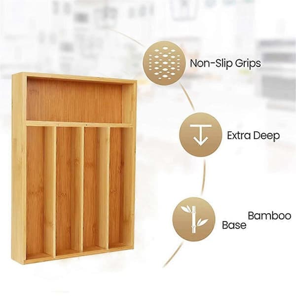 Bamboo Cutlery Tray Silverware Drawer Organizer Storage Box Rack Storage Box 5 Compartments Kitchen Drawer