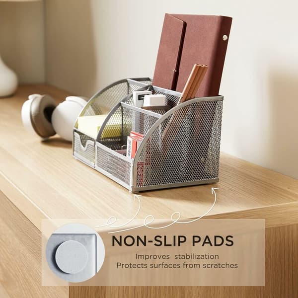 Desktop Storage, Wire Mesh Desk Organizer with Drawer and Pen Holder, 6 Different Compartments for Pens, Staplers, Folders, Silver Grey