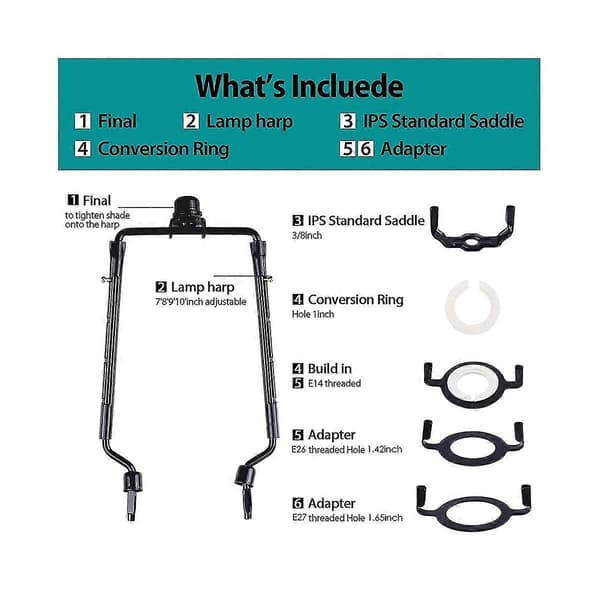 7-inch Lampshade Harp Holder Adjustable Lamp Harp Kit E14, E26, E27 Light Base Adapter Black Horn Fra