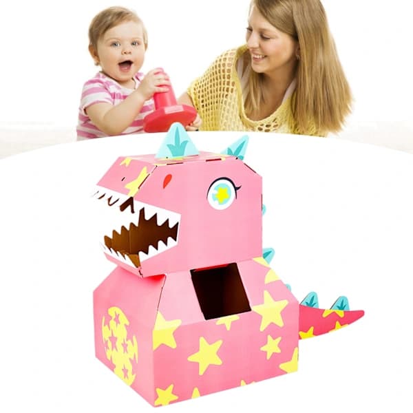 DIY Bærbar Interaktiv Lyserød Dinosaurhoved Kostume Legetøj i Pap til Børn
