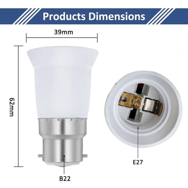B22 til E27 Sokkeladapter 2-pak 0-250V til LED Pærer Halogen CFL-lamper Kompatibel med E27 Pærer