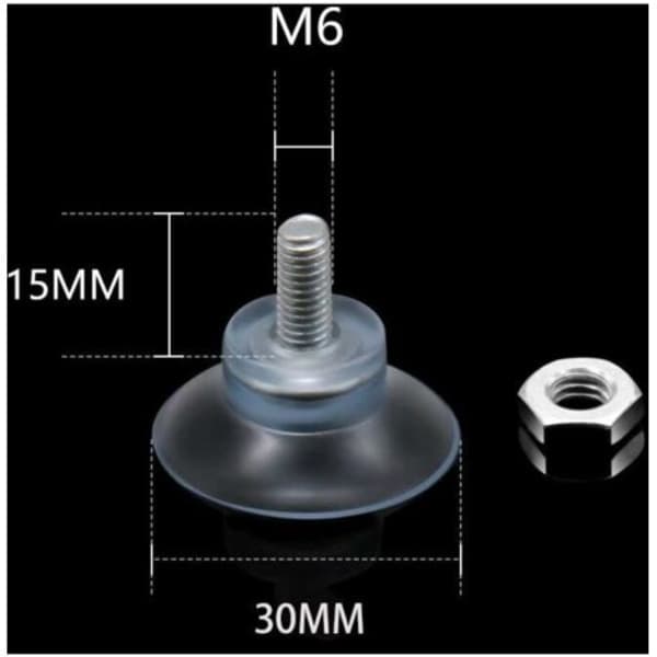 Suction Cups Ø 30 mm with M6x15mm Thread – 6-pack – Rubber Base for Smooth Surfaces – Screwless Installation Black