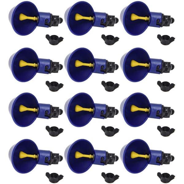 12Set G1/8 Male Thread Chicken Water Cup, Spring Automatic Switchable Chicken Water Dispenser (Small Blue Bowl, Black Screws)