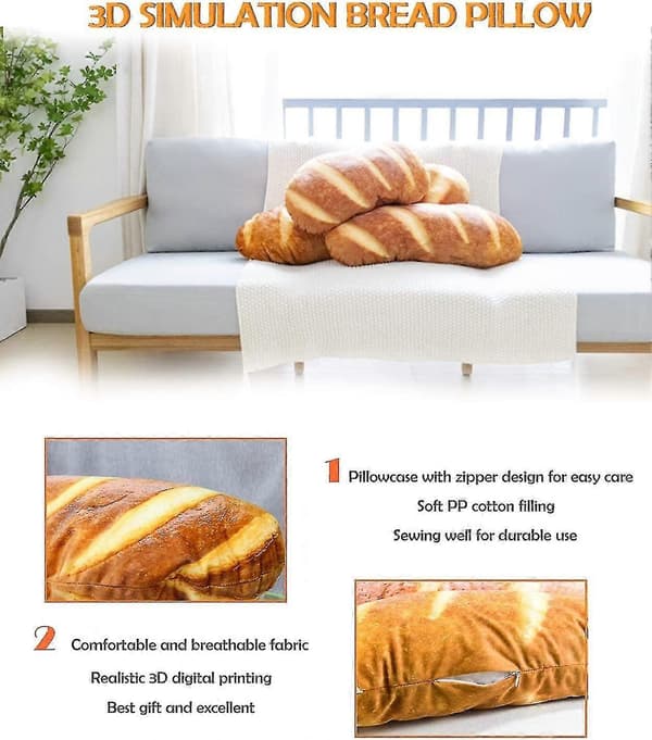 8 in 3D Simulation Bread Shape Pillow, Soft Lumbar Baguette Back Cushion, Funny Food Plush Stuffed Animal