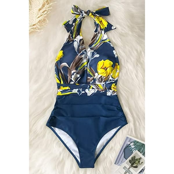 Halter Badedrakt Dame, Hel Badedrakt, Gul Blomstret, XXL