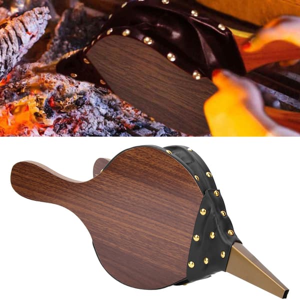 BBQ-bælg til pejse, campingbælg med læderrem, luftbælg til pejs, varmebestandig dyse, træbælg (egetræskonstruktion)