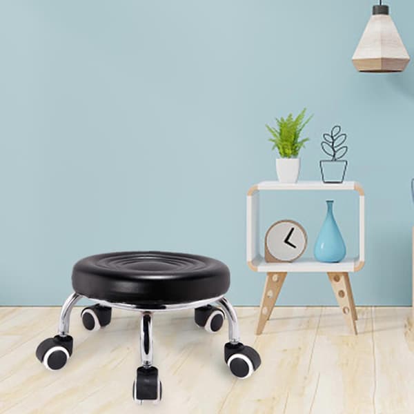 Low Rolling Stool with Wheels PU Leather Comfortable for Barbershop Garage Style