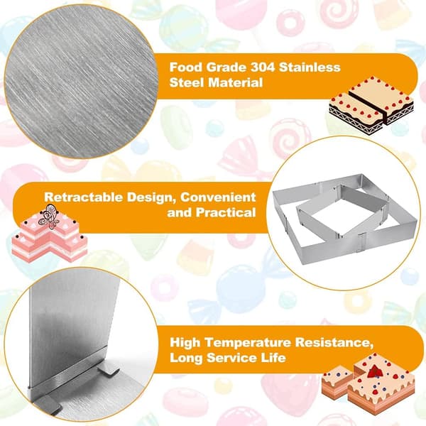 Justerbar firkantet bakeform, utvidbar rektangulær bakeramme, rustfritt stål, mousse kakeform, kake, tiramisu, dessert, bakeverktøy (15*15*5cm-28*