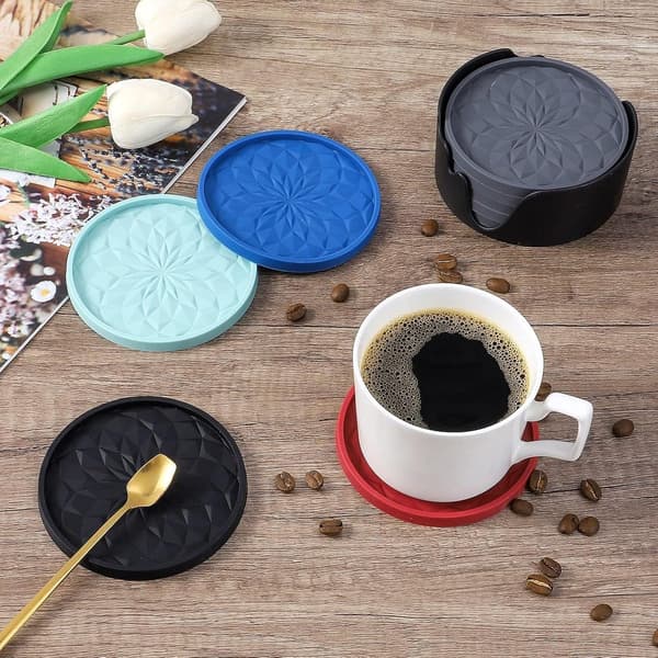 Silicone Coasters with Holder - Set of 6 - Glass Coasters - Coaster Set - Round Coaster Design - Drink Coasters - Table Coasters