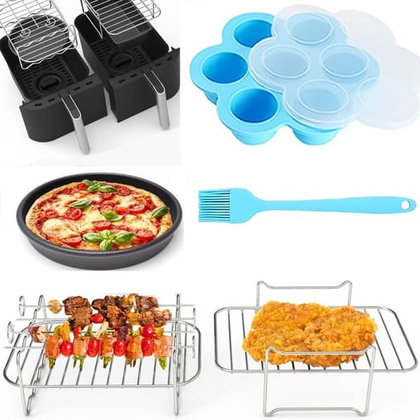 Airfryer-tilbehør til dobbeltkurv, Non-Stick Airfryer med pizzapande, spydstativ, æggebidsform, børste