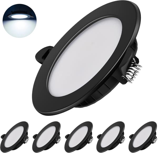 Ultratænde LED indbyggede spots 230V, Sæt med 6 indbyggede spots 7W Energibesparende loftspots IP44 indbyggede spots, Sort, 6000K