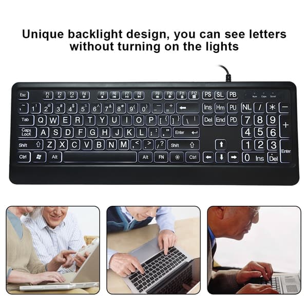 Ergonomic USB Interface Multimedia LED White Backlit Keyboard for Seniors