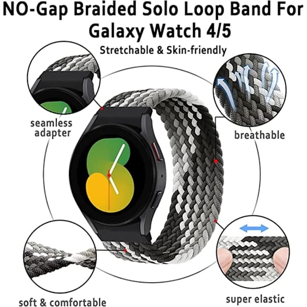 Gapless rem til Samsung Galaxy Watch 4/5/6 44mm 40mm 4 Classic 46mm Flettet Single Loop Sort