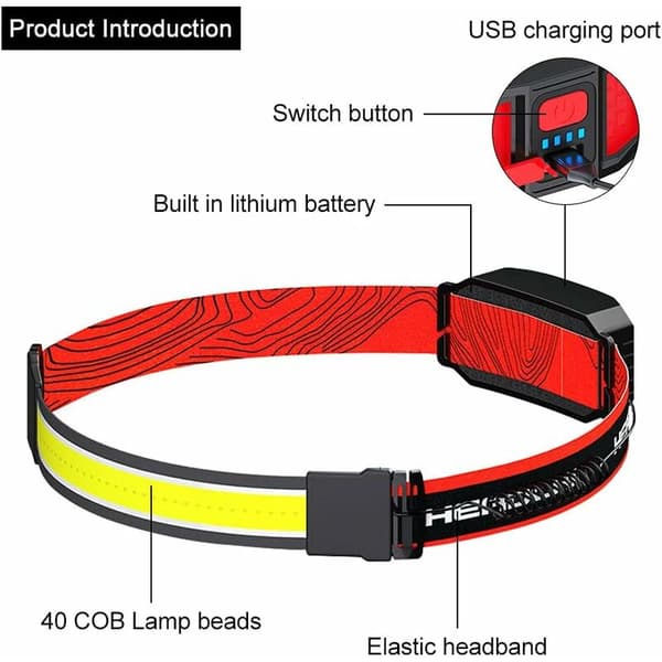 COB-hodelykt, oppladbar LED-hodelykt med superslank profil, 260° bred stråle, vanntett, 3 moduser