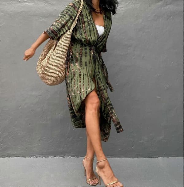 Lang strandkjole for damer, bohemsk kimono-overdel