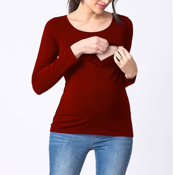 New Maternity Wear Long Sleeve Round Neck Four Seasons Bottoming Nursing T-Shirt - Burgundy L