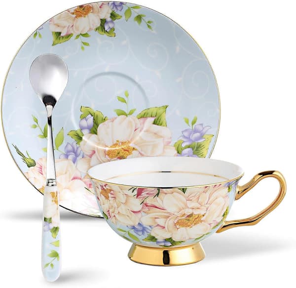 Cup & Saucer Set with Spoons, Champagne Rose on Blue Patterned Bone China 3-Piece Set Ceramic Tea Coffee Cup