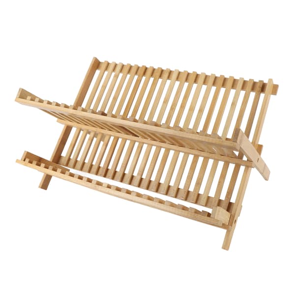 Folding Wooden Dish Rack 20 Grids 2-Tier Foldable Dish Drying Rack for Dishes Plates Bowls Cups