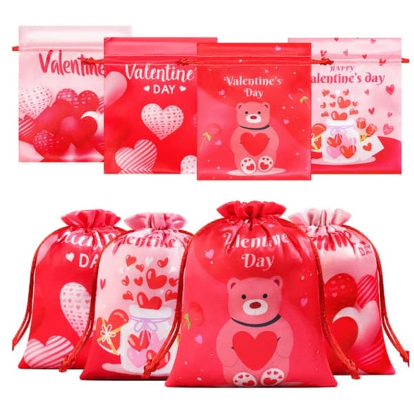 Valentinsdag slik snørepose - 20-pak - Røde satin hjerte gaveposer