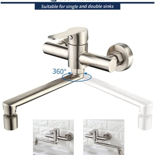 Wall-mounted kitchen faucet with 2 nozzles, sink mixer, 360° rotatable, wall-m