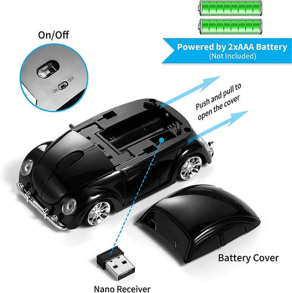 [Updated] Classic Car Shaped Mouse with LED Headlights, 1600 DPI, 2.4 GHz Wireless Computer Mouse, Comfortable for All Use, Black