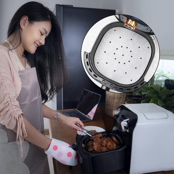 200 stk. bagepapir til Airfryer, 22 cm perforeret bagepapir, firkantet dampkogerpapir til Airfryer, dampkurv