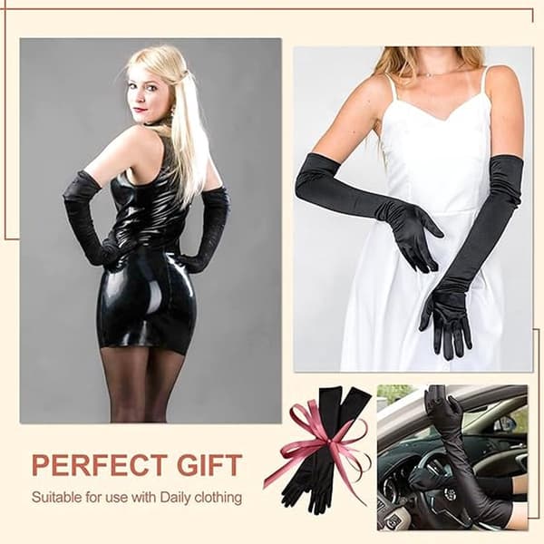 Lange satin aftenhandsker, sorte, 55 cm, til kostume, festival og dans
