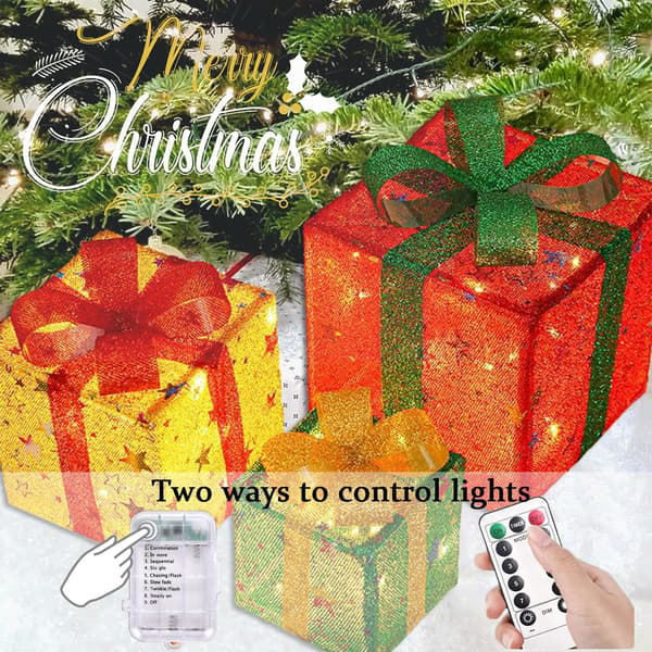 Christmas Lighted Gift Boxes, Set of 3 LED Gift Boxes, 8 Lighting Modes with 50 LEDs, IP44 Christmas Lighting Box, for Christmas Tree