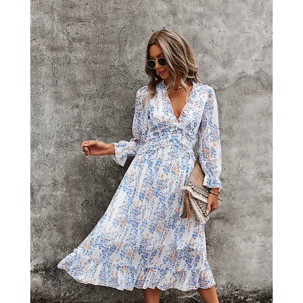 【xj】 Dam Casual Blommig Långärmad Flödande Swing Boho Klänning - M