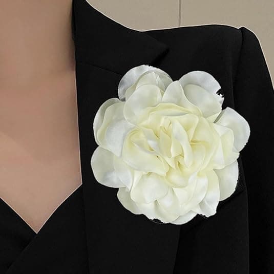 Exquisite Shiny Satin Camellia Brooch, Oversized Flower Brooch, Lapel Pin, 19cm, Beige