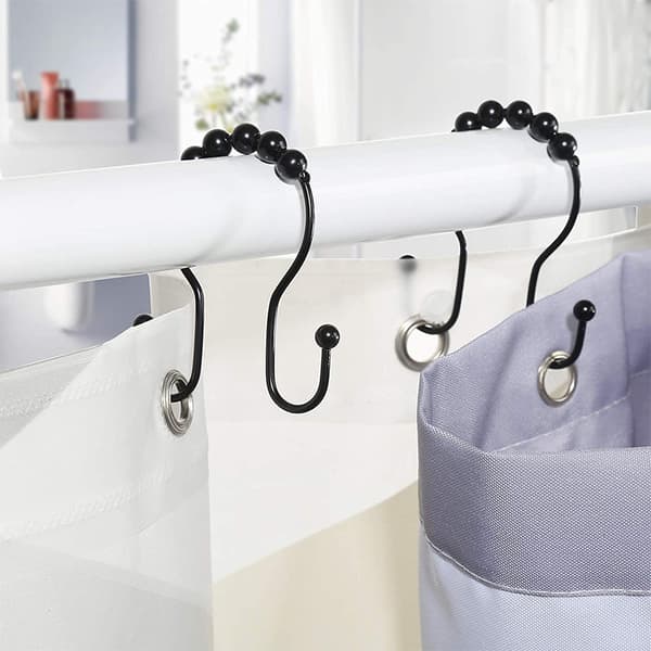 Bruseforhængskroge, 1 ring, rustfri ruller, rustfri, afbalancerede, glidende, faldbeskyttelse, dobbelte kroge til badeværelsesforhæng (sort)