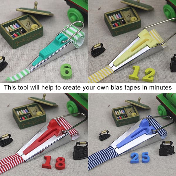 4 størrelser/sett 6/12/18/25mm stoff skråbåndsprodusent mappe kit DIY sying quilting bindeverktøy