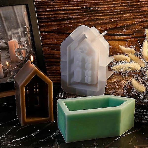 House Candlestick Silicone Mold DIY Handmade Window House Plaster Concrete Resin Candlestick Craft Casting Molds L