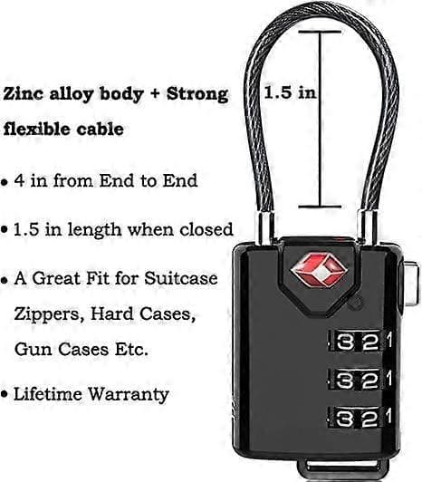 Mini Wire Rope Combination Approved Cable Locks for Luggage, Resettable Combination with Alloy Body (black 4-pack)