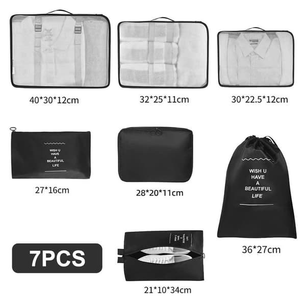290T Double-Sided Twill Fabric, 7-Piece Storage Bag Set, Travel Black