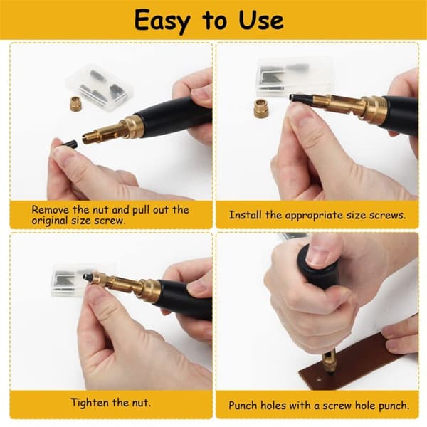 Adjustable Screw Punch, 6 Tip Sizes, Belt Hole Punch, Wooden Handle, Leather Hole Punch Tool for Sewing Black Leather