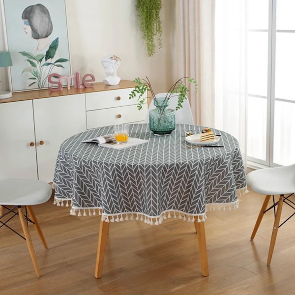 120 cm Tassel Tablecloth, Round Polyester Cotton Tablecloth, for Dining Table, Coffee Table, Garden Table (Grey Arrow Pattern)