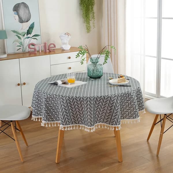 150 cm Tasseled Tablecloth, Round Tablecloth Made of Polyester Cotton, for Dining Table, Coffee Table, Garden Table (Grey Arrow Pattern)
