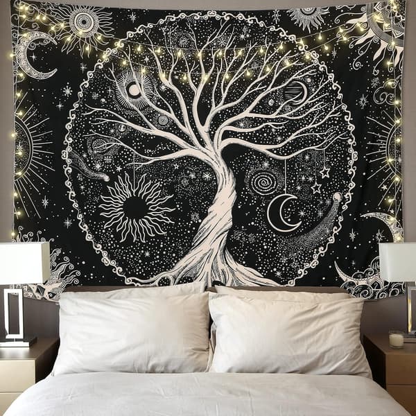 Tree of Life Wall Hanging Moon and Sun Black Psychedelic