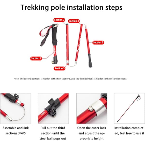 Ultralight Foldable Hiking Poles / Walking Stick 5 Sections 1 Pair - Adjustable Height Red Red