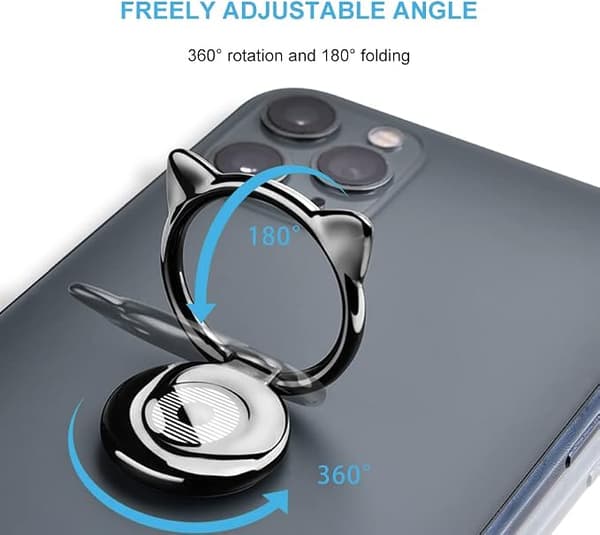 (2 pcs) Cell Phone Ring Holder (Silver), Metal Cat Ear Ring, 360 Degree Rotation Cell Phone