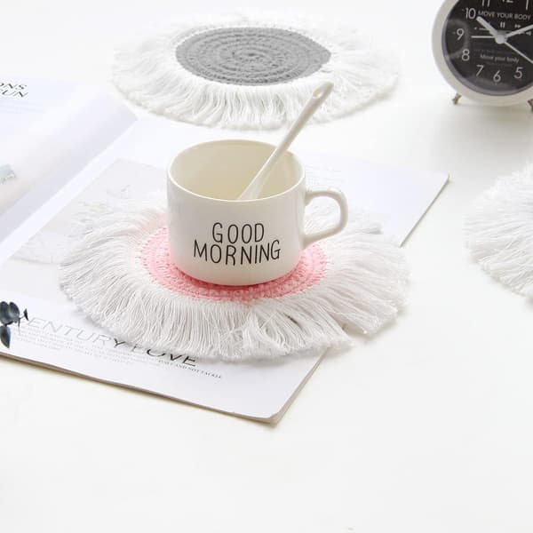 Macrame Coaster Set, 5 Pcs Round Cotton Braided Coasters Heat Resistant DXGHC