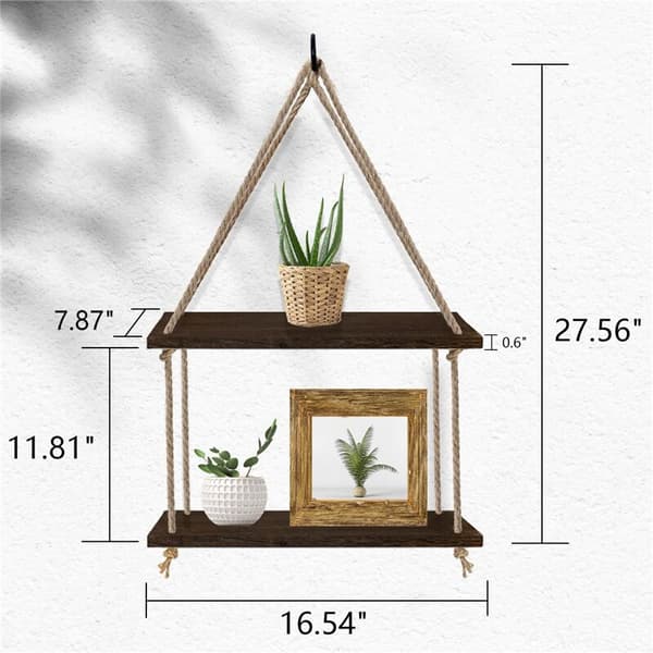Hanging Shelves for Wall, 2-Tier Antique Wood Floating Hanging Shelf with Hand String Weaving Process, for Bedroom