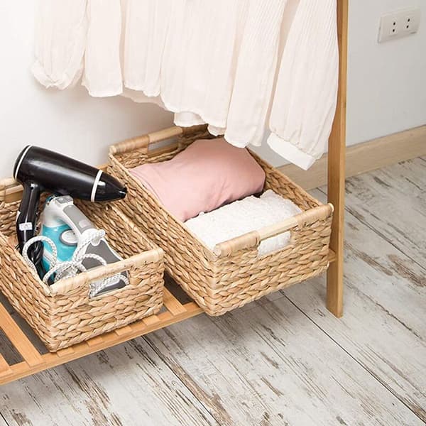 Small Wicker Baskets for Bathroom Organization, Hyacinth Baskets for Storage, Wicker Basket with Wooden Handle