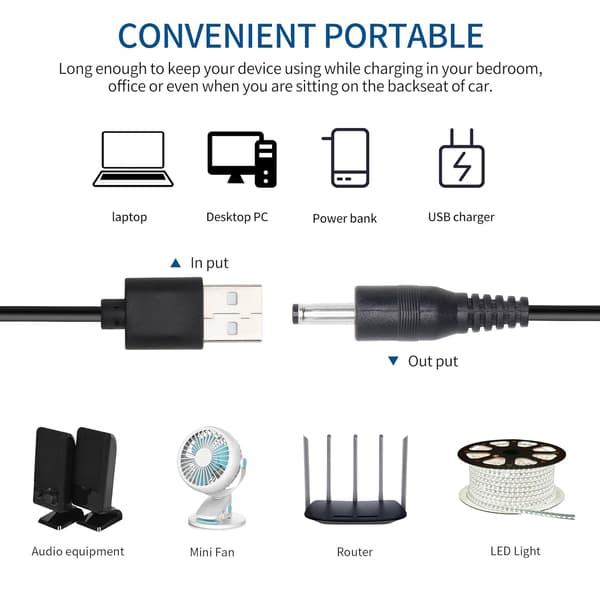 2-pakning 5V DC-strømkabel, USB 2.0 hann til DC 3.5 mm x 1.35 mm hann strømledning for ruter, lamper