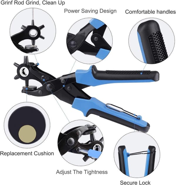 Leather Hole Punch - Precision Hole Punch - Belt Hole Punch - Revolving Hole Punch - Leather Tool - Durable - For Felt, Textiles, Paper - Blue
