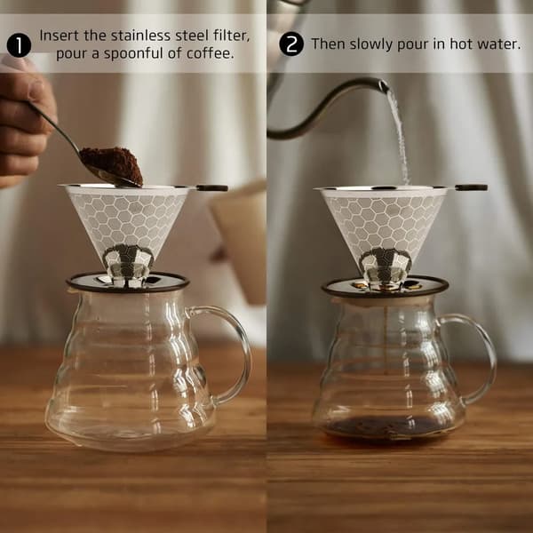 Kaffefilter i rustfrit stål, papirløst kaffefilter til manuel kaffebrygning, genanvendelig kaffedrypper