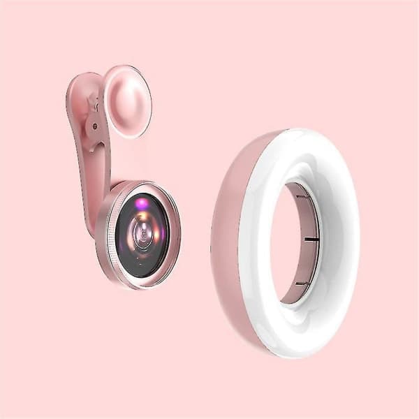 Universal Mobiltelefon 15x Makroobjektiv Fyldlys Selfie LED Ring Clip Blitzlys Pink Pink
