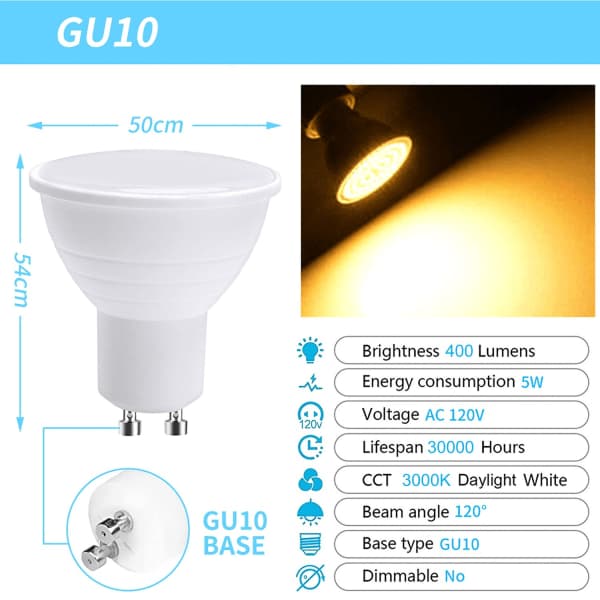 LED GU10 Spotlight Bulbs, 5W Warm White 3000K (50W Halogen Equivalent) Energy Saving Lamp, 400LM 120° Beam Angle Non-Dimmable, 10 Pack